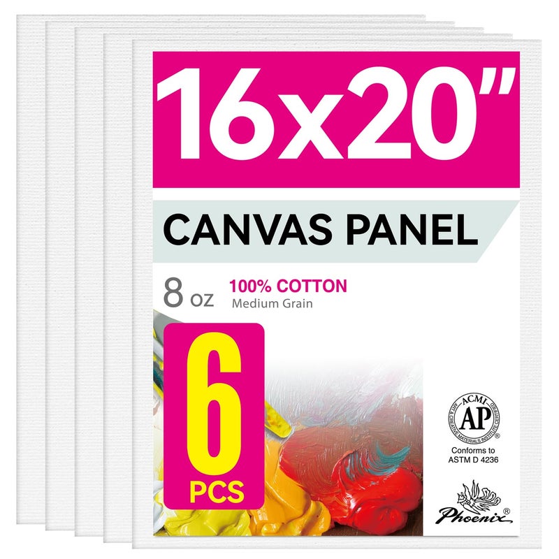 PHOENIX Large Painting Canvas Panels - 16x20 Inch, 6 Value Pack - 8 Oz Triple Primed 100% Cotton Acid Free Canvases for Painting, White Blank Flat Canvas Boards for Acrylic, Oil Paints - Image 1